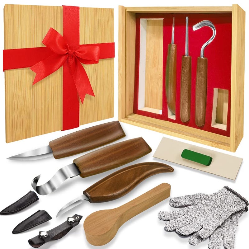 WAYCOM 12pcs Wood Whittling Kit Wood Carving Tools Set Hook Carving Knife,Detail Wood Knife,Whittling Knife Cut Resistant Gloves Leather Sheath And Bamboo Present Box For Spoon,Bowl,Cup - Image 1